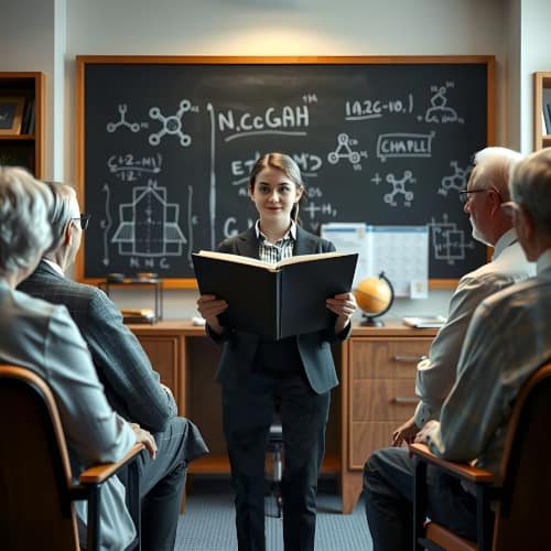 Young lady presenting her report to a science committee