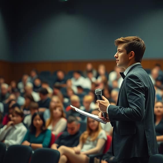 Young man giving a public speaking speech at school